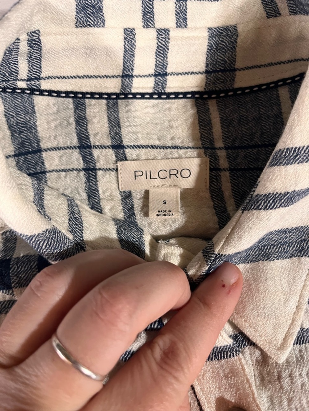 Pilcro Cream and Navy Long-Line Button Front Plaid High-Low Shirt Dress - Picture 11 of 15